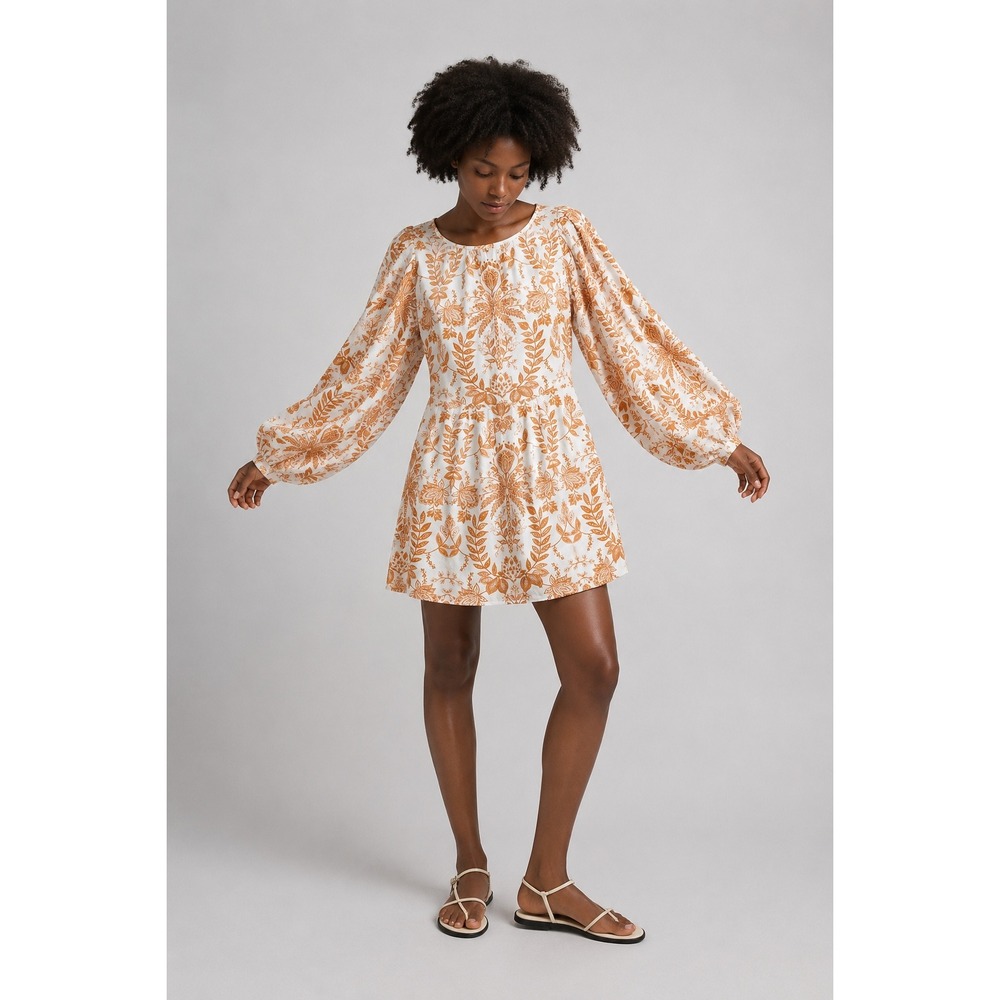 Beyond by Vera Orange White Botanical Block Print Balloon Sleeve Mini Dress L